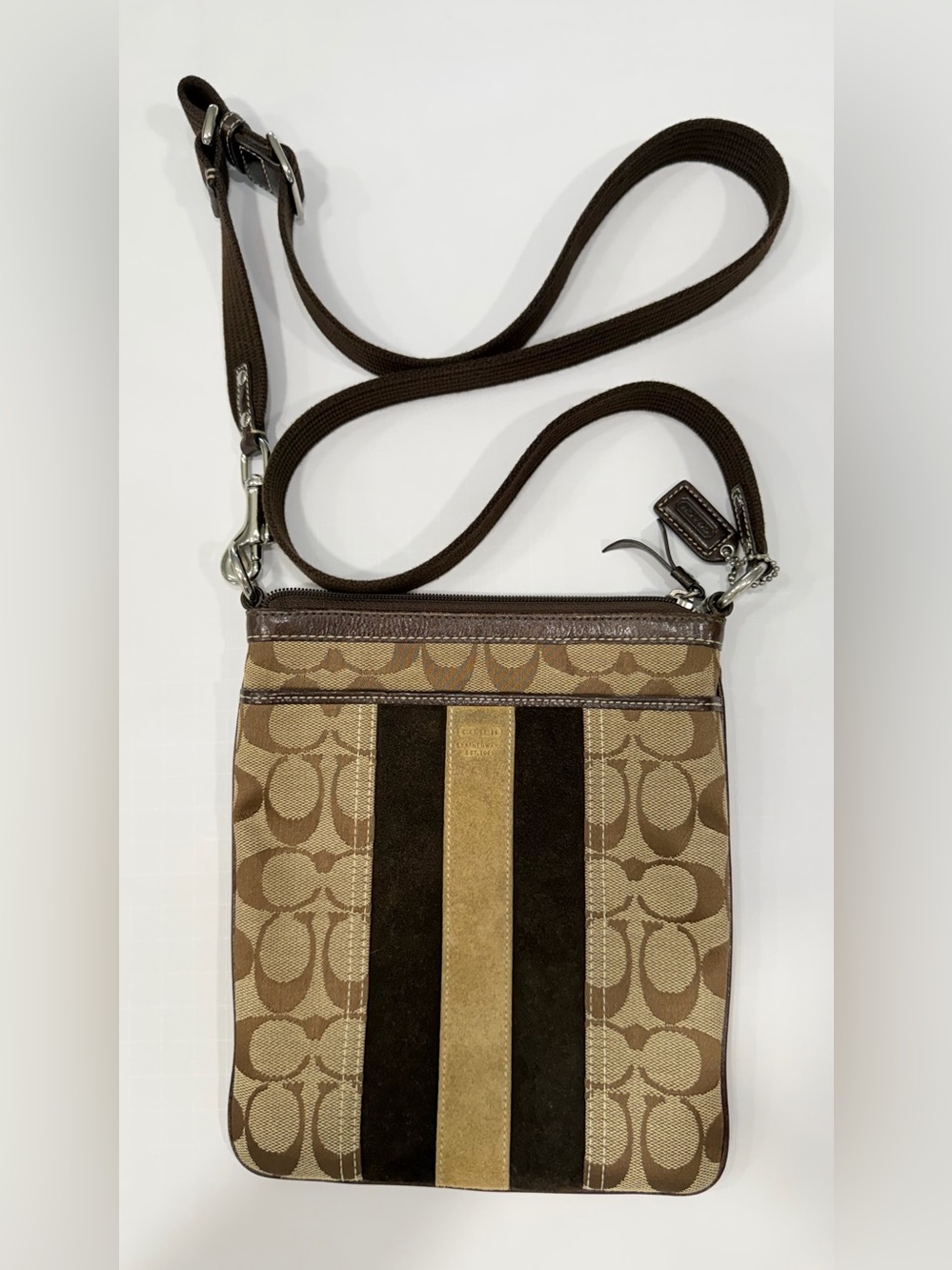 Coach Tan and Dark Brown Signature Stripe Messenger Bag